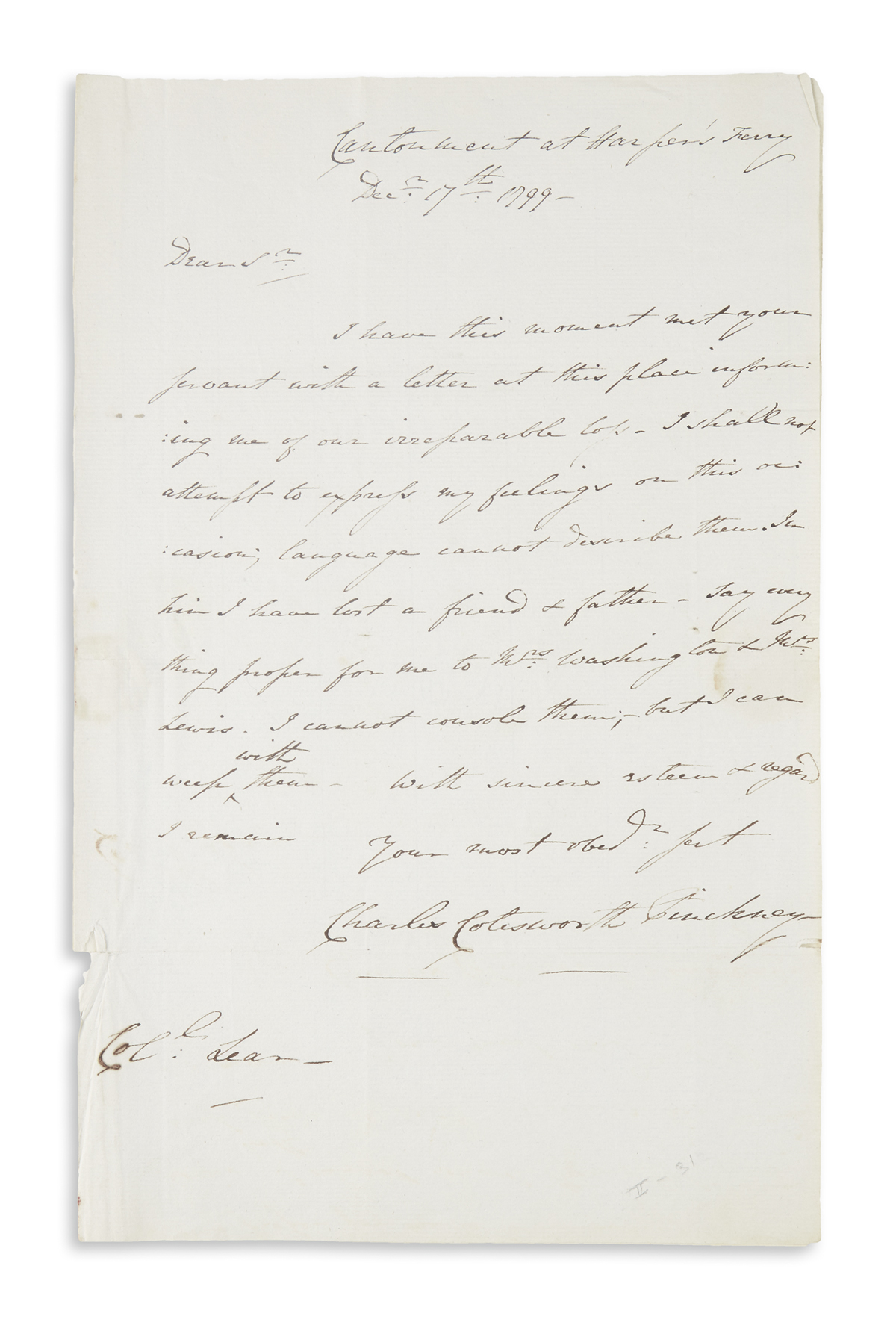 PINCKNEY, CHARLES COATESWORTH. Autograph Letter Signed, to Washingtons personal secretary Tobias Lear,